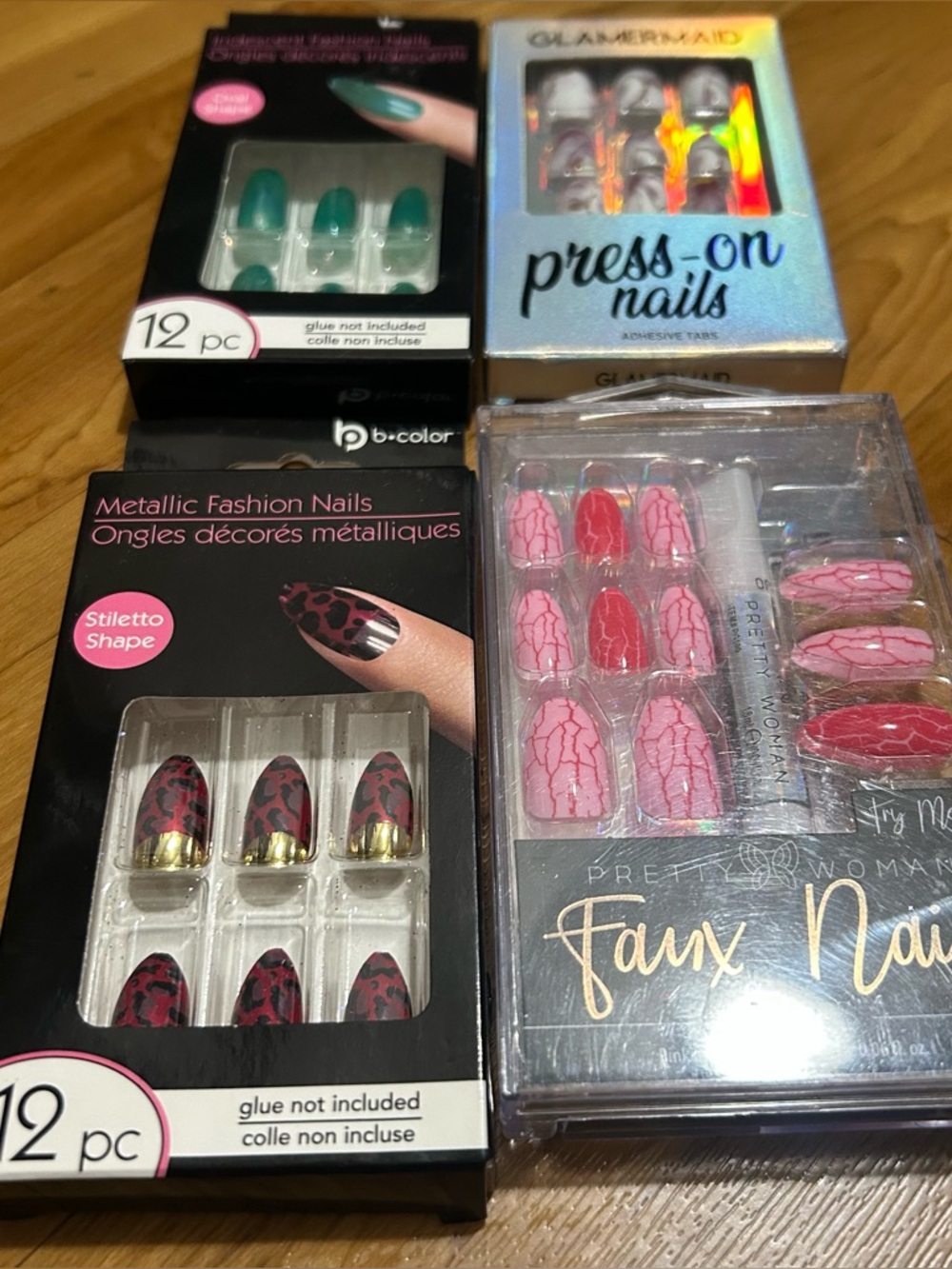 Assorted Press-On Nail Sets – Pink, Red, Teal, Black & Gold